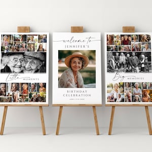 Modelo de pôster de colagem de fotos de aniversário, placa de sinal de boas-vindas de aniversário para 43 fotos, colagem de aniversário personalizável e imprimível para todas as idades