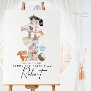 1歳の誕生日の森の動物たちの写真コラージュテンプレート、1歳の誕生日のコラージュ、1歳の誕生日のポスター、Canva、男の子向けのナンバーワンコラージュ 画像 6