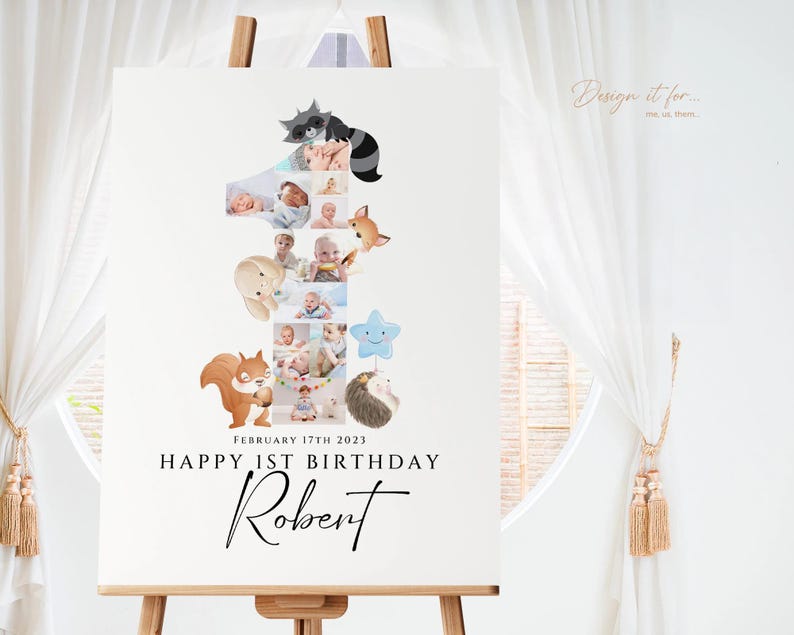 1歳の誕生日の森の動物たちの写真コラージュテンプレート、1歳の誕生日のコラージュ、1歳の誕生日のポスター、Canva、男の子向けのナンバーワンコラージュ 画像 6