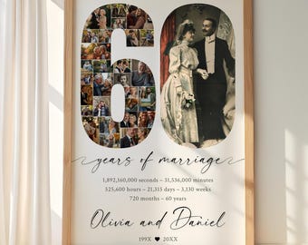 60th Wedding Anniversary Photo Collage Template, Personalized 60 Years Anniversary Keepsake, Years of Marriage Poster, Anniversary Present