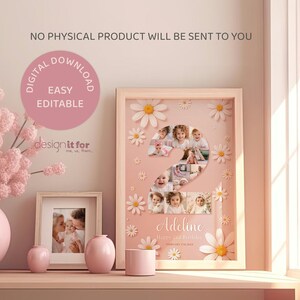 K&ouml;nnte beinhalten: Ein rosa-wei&szlig;es druckbares Foto-Collage mit einer Zwei aus Fotos eines Kindes. Die Collage hat einen rosa Hintergrund mit wei&szlig;en G&auml;nsebl&uuml;mchen und den Text "Adeline Happy 2nd Birthday".