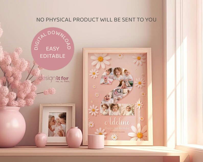 K&ouml;nnte beinhalten: Ein rosa-wei&szlig;es druckbares Foto-Collage mit einer Zwei aus Fotos eines Kindes. Die Collage hat einen rosa Hintergrund mit wei&szlig;en G&auml;nsebl&uuml;mchen und den Text "Adeline Happy 2nd Birthday".