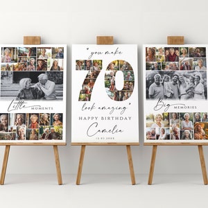 Conjunto de plantillas de carteles de collage de fotos del 70.º cumpleaños, tablero de bienvenida personalizable del 70.º aniversario, collage de cumpleaños imprimible para él y ella