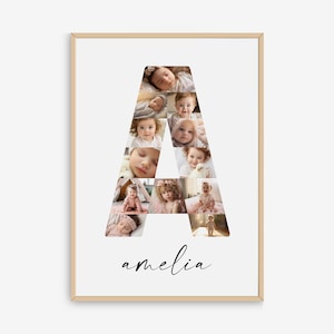 Plantilla de collage de fotos de letra A, impresión personalizada de nombre inicial para niñas y niños, impresión de guardería, nombre imprimible, decoración de guardería