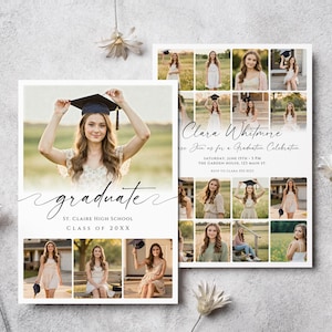 May include: Graduation announcement featuring a young woman in a cap and gown. The invitation includes the text "graduate", "St. Claire High School", and "Class of 20XX". Additional photos and event details are also included.