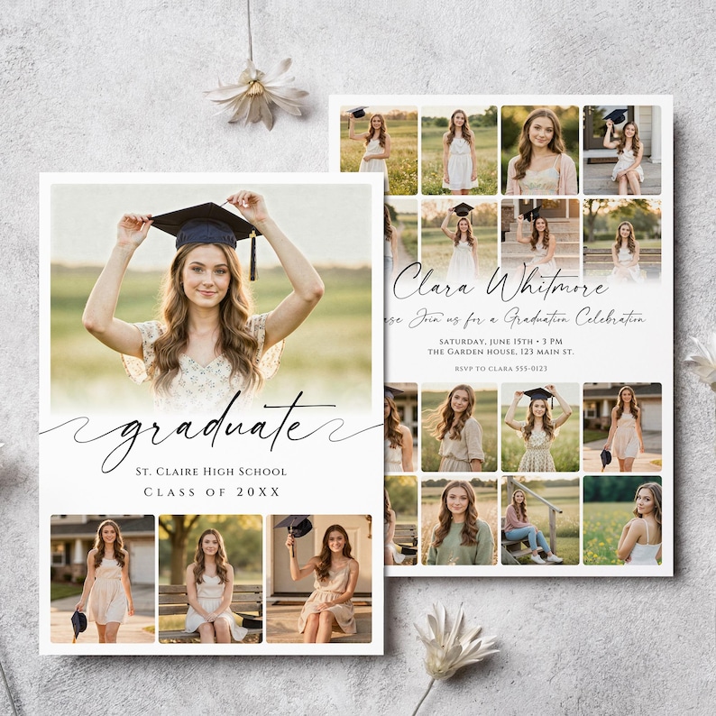 May include: Graduation announcement featuring a young woman in a cap and gown. The invitation includes the text "graduate", "St. Claire High School", and "Class of 20XX". Additional photos and event details are also included.