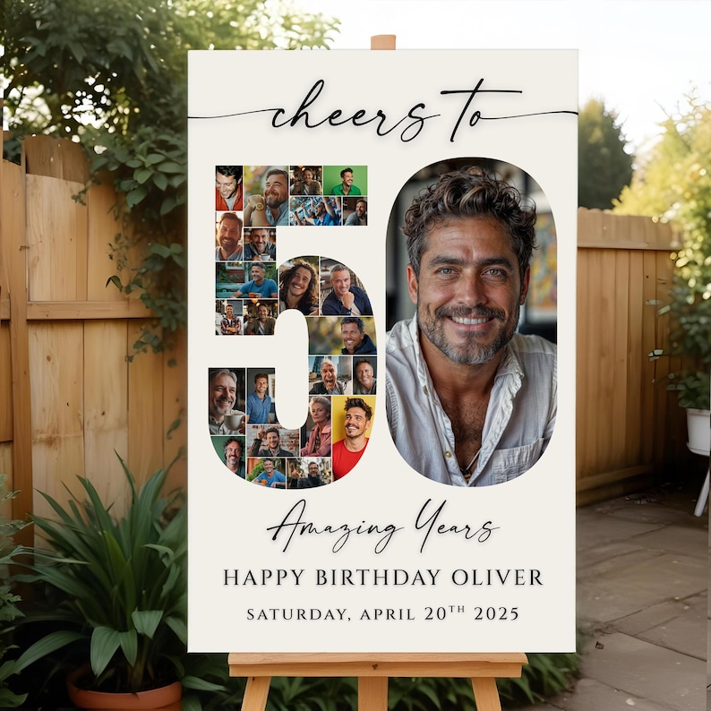 Editable 50th birthday photo collage welcome sign template