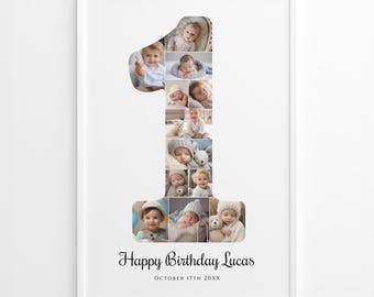 1e verjaardag fotocollage nummer 1 | Babyposter eerste verjaardag | Bewerkbare canvassjabloon | Gepersonaliseerd verjaardagscadeau | Afdrukbare muurkunst