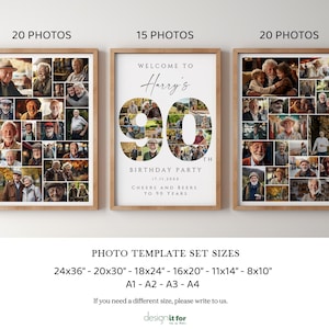May include: A collage of photos in a wooden frame with the text "Welcome to Harry's 90th Birthday Party" and "Cheers and Beers to 90 Years". The collage is available in three sizes: 20 photos, 15 photos, and 20 photos.
