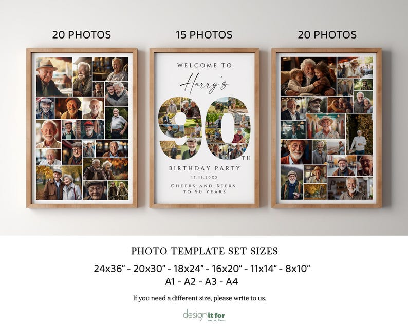 May include: A collage of photos in a wooden frame with the text "Welcome to Harry's 90th Birthday Party" and "Cheers and Beers to 90 Years". The collage is available in three sizes: 20 photos, 15 photos, and 20 photos.