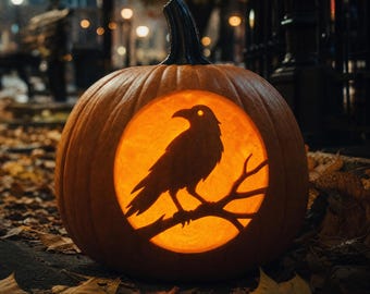Raven on Branch Pumpkin Carving Stencil, Halloween Crow Jack O Lantern Design (Digital Download), #JOL