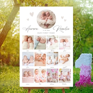 Modello di collage fotografico per bambini gemelli del primo anno, segno di compleanno fondamentale dei gemelli, segno del 1° compleanno, poster stampabile del 1° compleanno