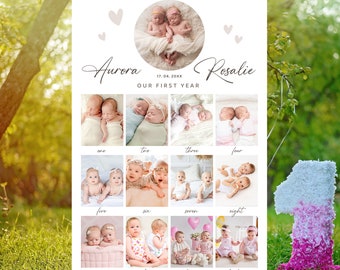 Twin Babies First Year Photo Collage Template, Twins milestone birthday sign, 1st Birthday Sign, Printable 1st Birthday Poster