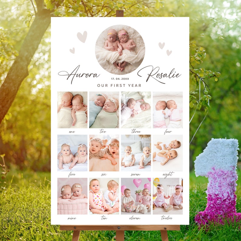 Peut inclure: Une affiche blanche avec un collage de photos de b&eacute;b&eacute;s jumeaux. L'affiche est intitul&eacute;e "Aurora Rosalie Notre premi&egrave;re ann&eacute;e" et comprend des photos des b&eacute;b&eacute;s &agrave; diff&eacute;rents &acirc;ges, de un &agrave; douze mois. L'affiche est d&eacute;cor&eacute;e de c&oelig;urs roses.