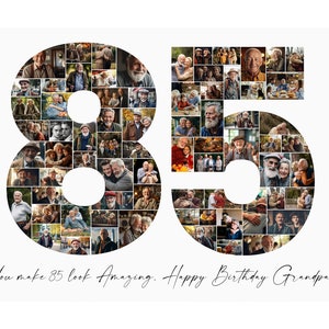 Plantilla de collage de fotos de 85 cumpleaños, regalo personalizado para abuela, abuelo o esposo. Regalo de cumpleaños con collage de números para ella o él