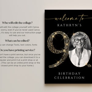 Black and Gold 90th Birthday Welcome Sign Template , Customizable and Printable Party Decoration, Editable Celebration Board, GBB1 image 3