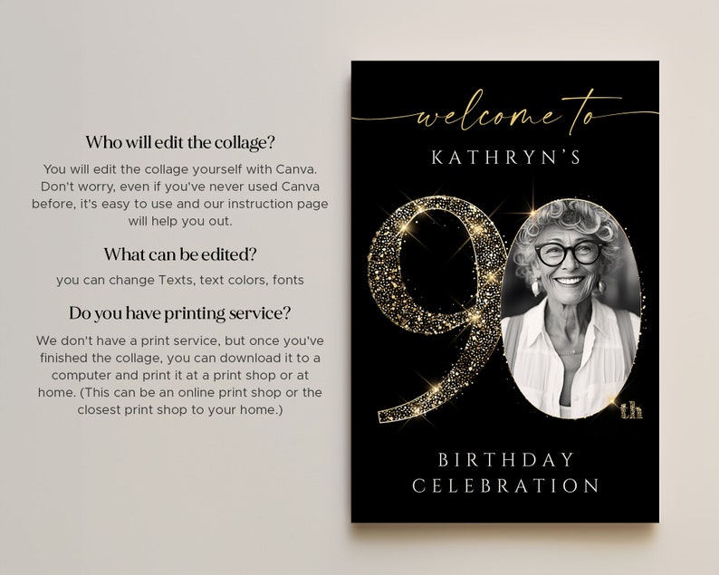 Black and Gold 90th Birthday Welcome Sign Template , Customizable and Printable Party Decoration, Editable Celebration Board, GBB1 image 3