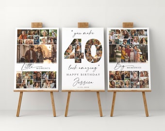 40. Geburtstag Foto-Collage-Poster-Vorlagen-Set, anpassbare Willkommenstafel zum 40-jährigen Jubiläum, druckbare Geburtstagscollage für Sie und Ihn