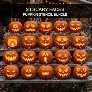 Peut inclure: Un ensemble numérique de 20 scary faces pumpkin stencil bundle présentant vingt citrouilles orange aux expressions sculptées variées, chacune éclairée de l'intérieur par une bougie, disposées sur des marches en bois sur un fond sombre.