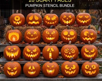 Scary Faces Pumpkin Carving Stencil Bundle, 20 Printable Halloween Jack O Lantern Pattern (Digital Download), #JOL