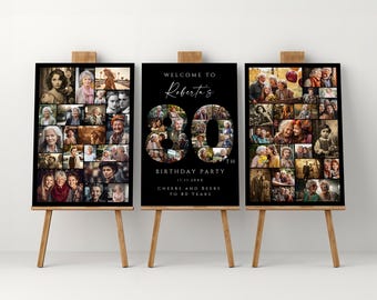 Black 80th Birthday Photo Collage Template Set, Personalized Birthday Poster Gift, Birthday Welcome Board for Grandma, Grandpa, Dad or Mom