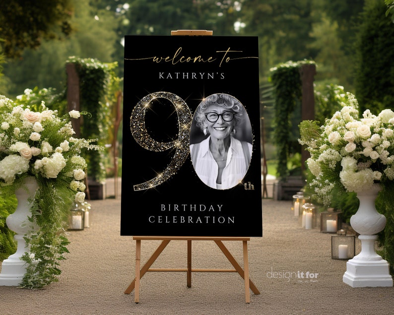 Black and Gold 90th Birthday Welcome Sign Template , Customizable and Printable Party Decoration, Editable Celebration Board, GBB1 image 9