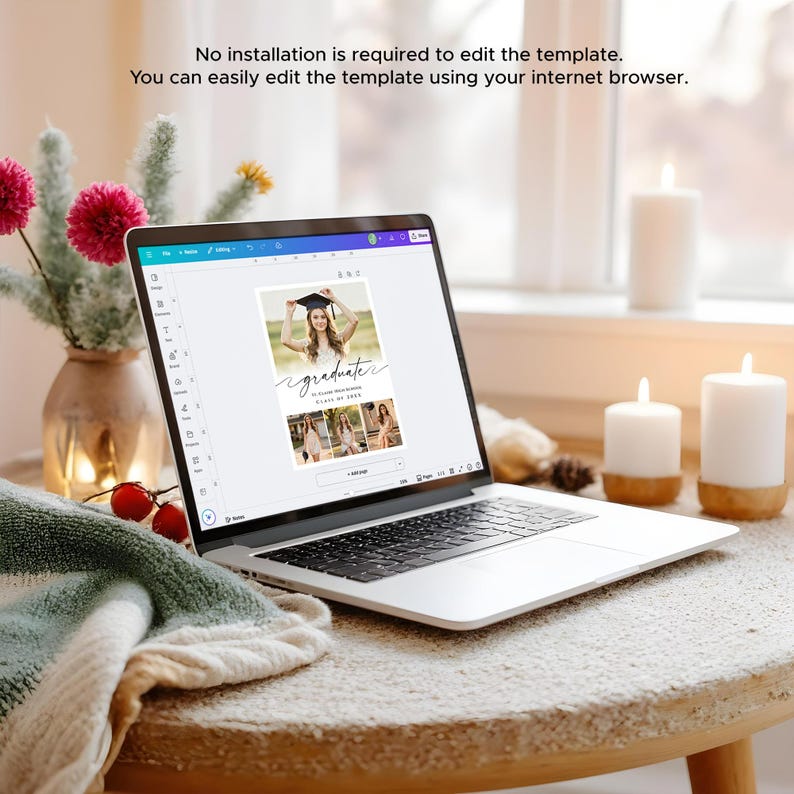 May include: A laptop displaying a graduation announcement template. The screen shows a photo of a graduate and the word "graduate". The laptop is on a round wooden table with candles and a vase of flowers.