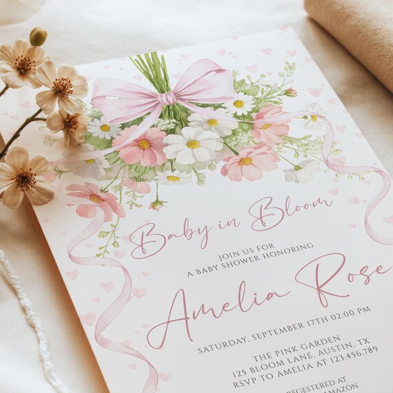 Baby in Bloom Invitation Template, Editable Canva Baby Shower Invite for Girl, Pink Bow Floral Digital Download, #BS05