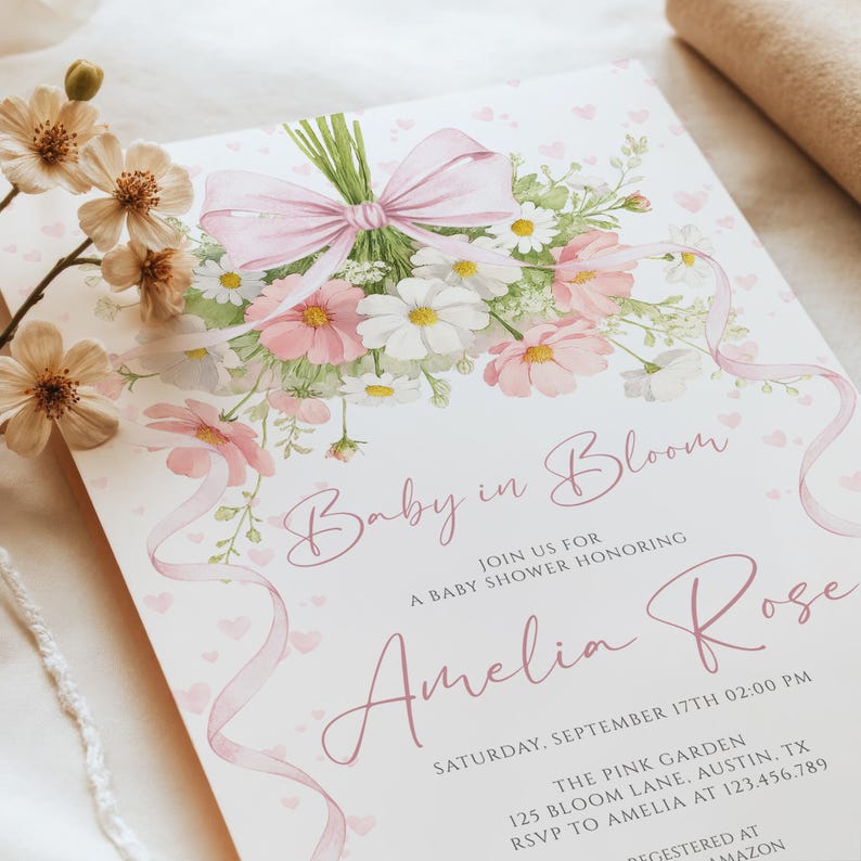 Baby in Bloom baby shower invitation with pink watercolor flowers