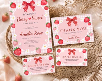Berry Sweet Baby Shower Invitation Bundle, Strawberry Girl Party Templates, Editable Canva, Digital Download, #BS06