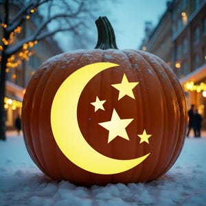May include: A large orange pumpkin with a carved design of a glowing yellow crescent moon and three stars of varying sizes. The pumpkin has a green stem and is dusted with a light layer of snow, featuring deep vertical ridges across its surface.