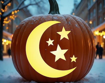 Moon and Stars Pumpkin Carving Stencil, Halloween Template (Digital Download), #JOL