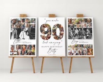 90. Geburtstag Foto-Collage-Poster-Vorlagen-Set, anpassbare Willkommenstafel zum 90-jährigen Jubiläum, druckbare Geburtstagscollage für Sie und Ihn