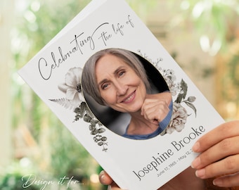 Puede incluir: Una tarjeta blanca con un diseño floral y una foto de una mujer. El texto "Celebrating the life of Josephine Brooke June 17, 1965 - May 12, 2" está impreso en la tarjeta.