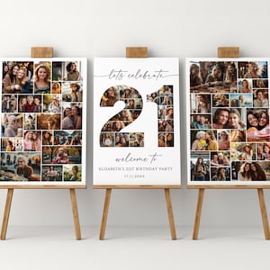 Conjunto de plantillas de collage de fotos para el 21.° cumpleaños, tablero de bienvenida para el 21.° cumpleaños imprimible, paquete de carteles personalizados para el 21.° cumpleaños, letrero de bienvenida