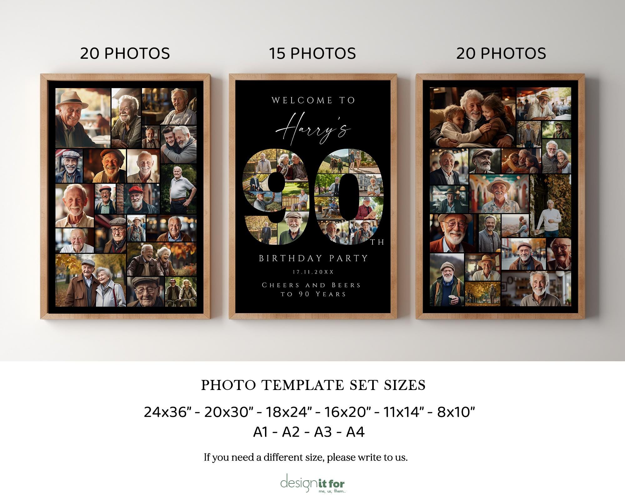Black 90th Birthday Photo Collage Template Set, Personalized Birthday ...