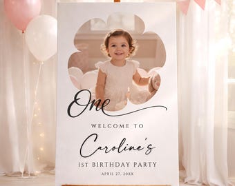 1st Birthday Welcome Sign with Photo, Minimalist First Birthday Girl Party Poster, Editable Canva Template (Digital Download)