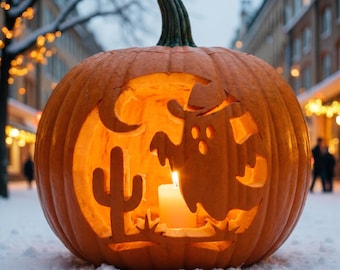 Cowboy Ghost Pumpkin Carving Stencil, Halloween Printable Template, Jack O Lantern Design, Digital Download, #JOL