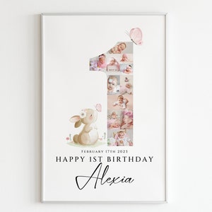 Happy 1st Birthday Photo Collage Template, First Birthday Number Photo Collage, 1st Birthday Poster, Canva, Number One Collage for Baby Girl