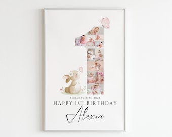 Happy 1st Birthday Photo Collage Template, First Birthday Number Photo Collage, 1st Birthday Poster, Canva, Number One Collage for Baby Girl