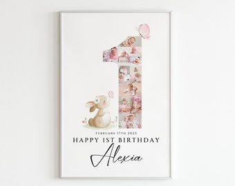 Happy 1st Birthday Photo Collage Template, First Birthday Number Photo Collage, 1st Birthday Poster, Canva, Number One Collage for Baby Girl