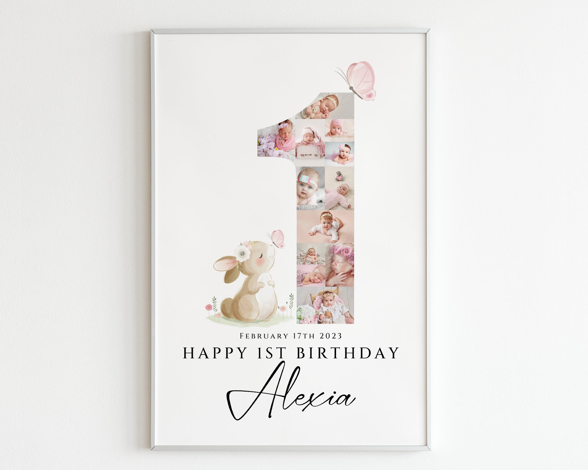 Happy 1st Birthday Photo Collage Template, First Birthday Number Photo Collage, 1st Birthday Poster, Canva, Number One Collage for Baby Girl