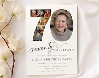 70th Birthday Invitation With Photo Collage, 70th Birthday Invite Template Men or Women, Seventieth Party Stationery, Editable Card