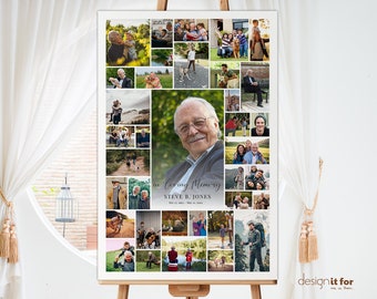 Modello di collage di foto funebri formato poster, modello funebre modificabile, stampabile, Canva, memoriale, matrimonio, laurea, celebrazione