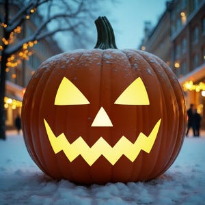 Puede incluir: Una calabaza naranja grande y redonda tallada como linterna con un tallo verde, que presenta ojos triangulares, una nariz triangular y una boca amarilla brillante en zigzag, con una ligera capa de nieve blanca en la parte superior.
