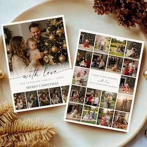 Puede incluir: Dos tarjetas de Navidad con fotos familiares. Una tarjeta dice "with love", "The Johnson Family - 20XX" y "Merry Christmas". La otra tarjeta dice "Cheers to New Memories" e incluye nombres. Ambas tarjetas muestran varias fotos familiares.