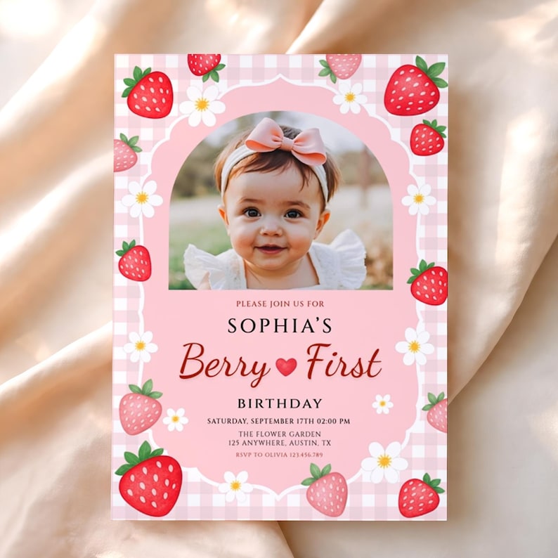 Berry First Birthday Invitation Template, Strawberry 1st Birthday Photo ...
