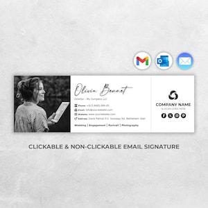 May include: A professional email signature template featuring a black and white photograph of a person with headphones holding a tablet. It includes the name Olivia Bennet, contact details, company name, social media icons, and email service logos.