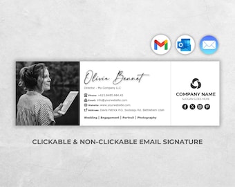 Szablon podpisu e-mail, agent nieruchomości, klikalny, Gmail, nowoczesny, profesjonalny, nieruchomości, dwa zdjęcia lub logo, ikona klikalnego łącza, HTML, Canva