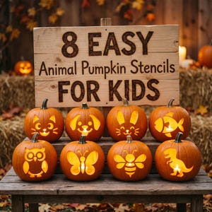 May include: A wooden sign with the text 8 EASY Animal Pumpkin Stencils FOR KIDS, positioned above eight orange pumpkins carved with animal shapes including a cat, dog, rabbit, fish, owl, butterfly, bee, and dinosaur, each illuminated from within.
